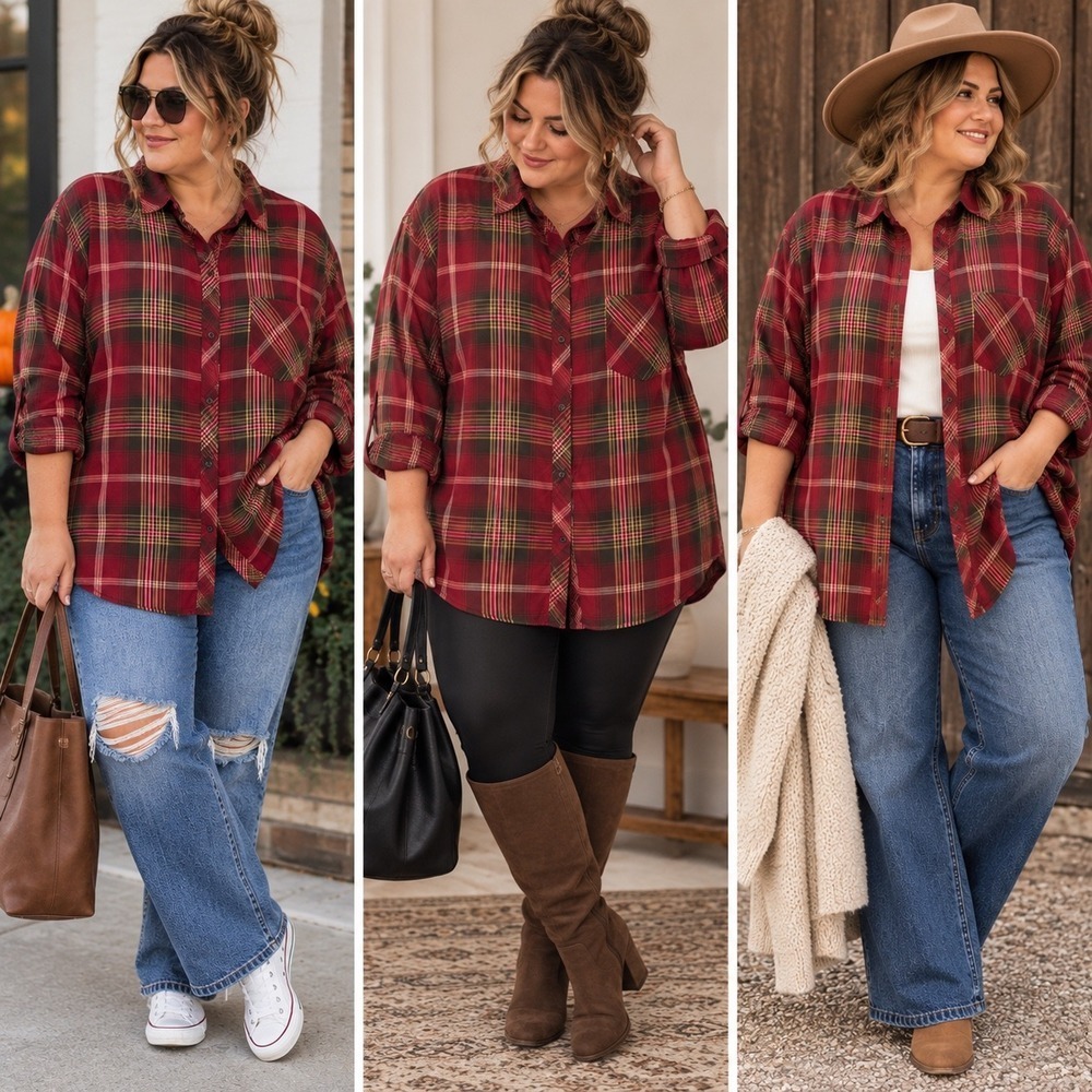 Catherines Women's 3X Red Tartan Plaid Button Down Shirt Americana Plus Size
